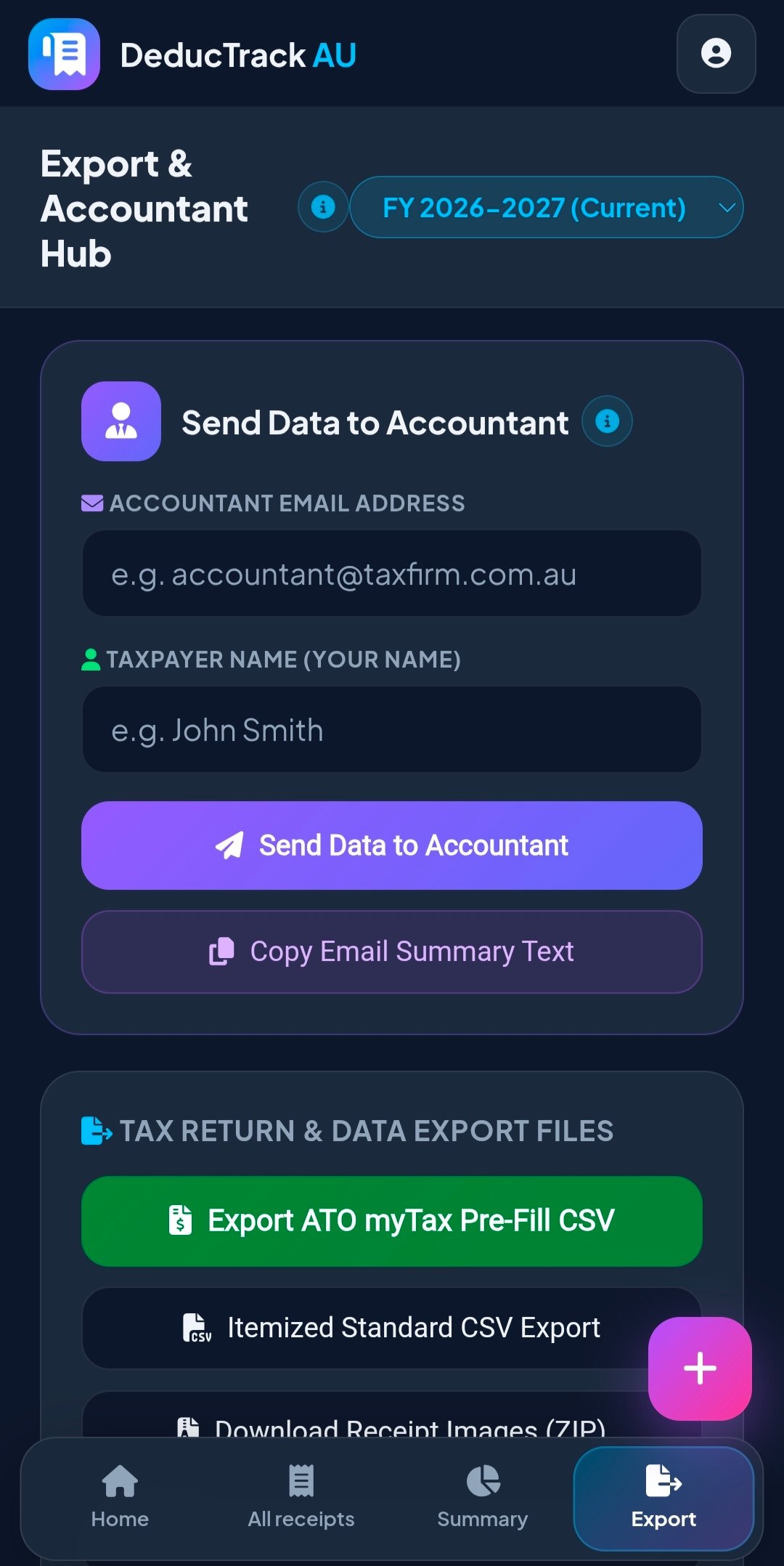 DeducTrack AU export screen